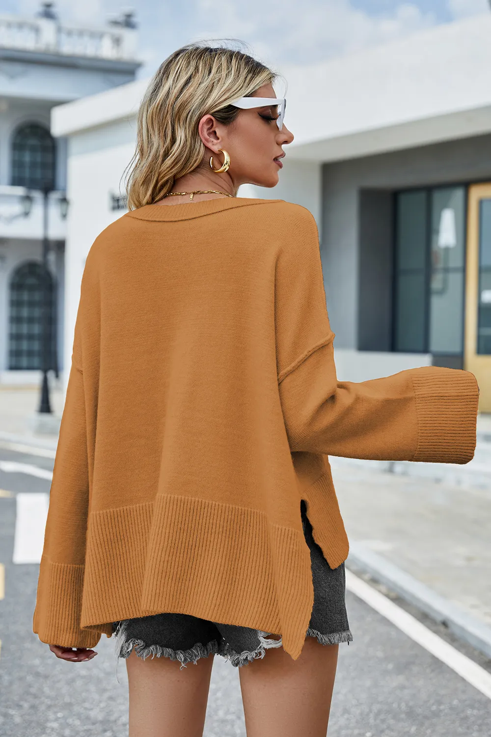 Round Neck Dropped Shoulder Slit Sweater, image 12