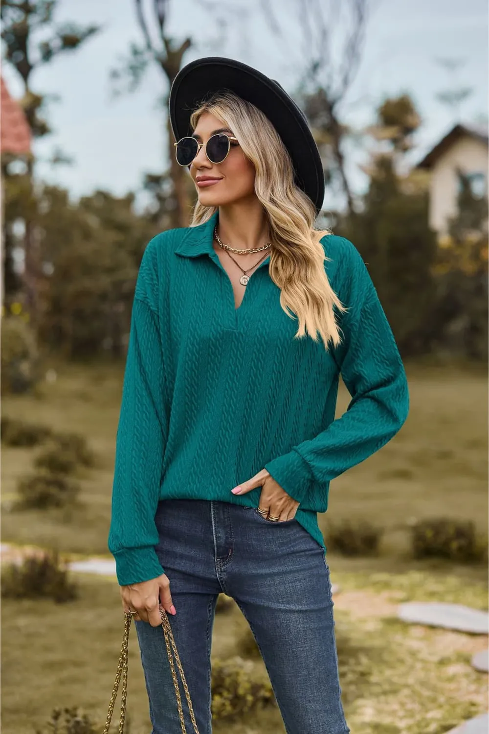 Collared Neck Cable-Knit Long Sleeve Blouse, image 12