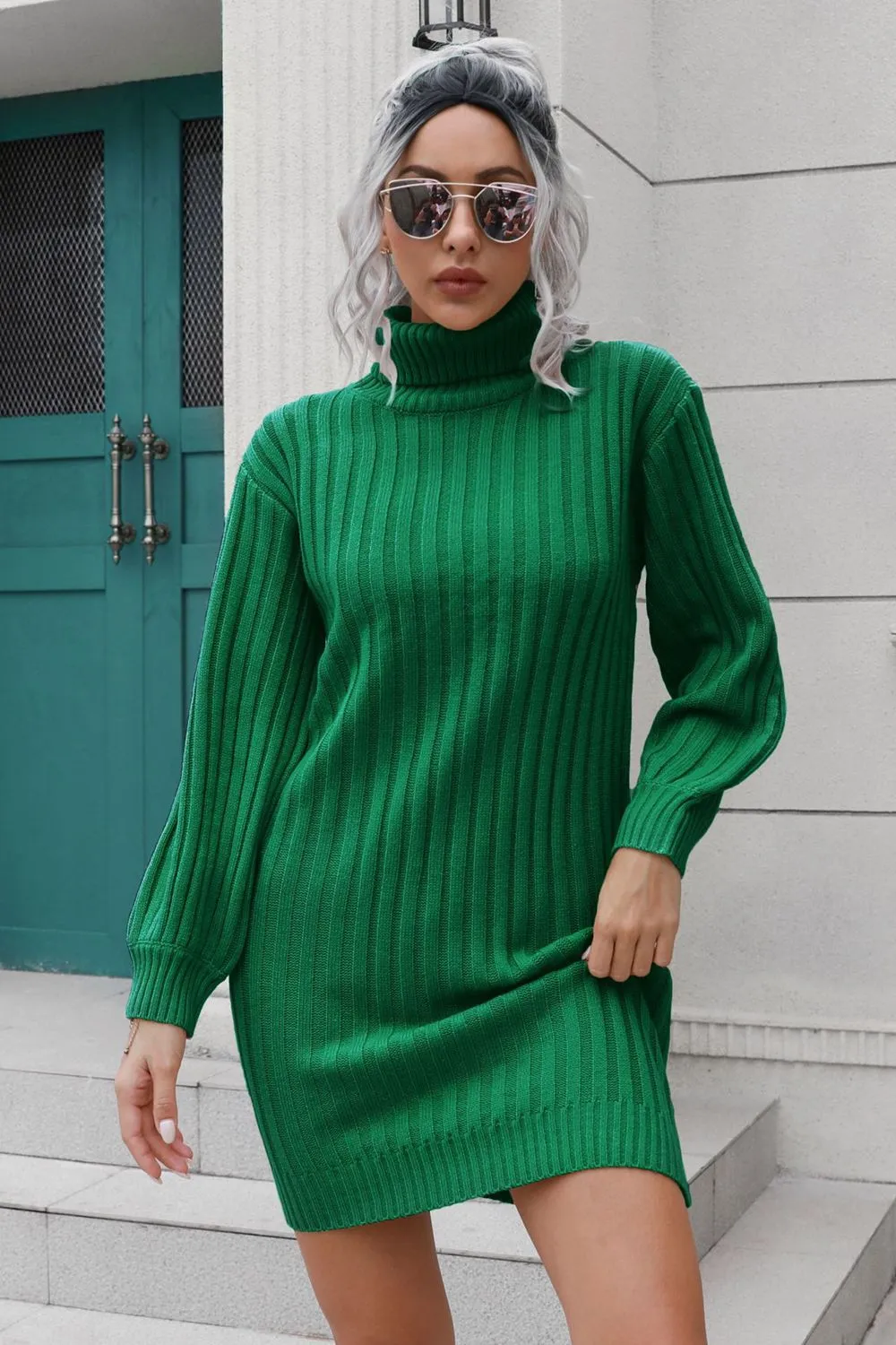 Ribbed Turtle Neck Long Sleeve Mini Sweater Dress, image 5