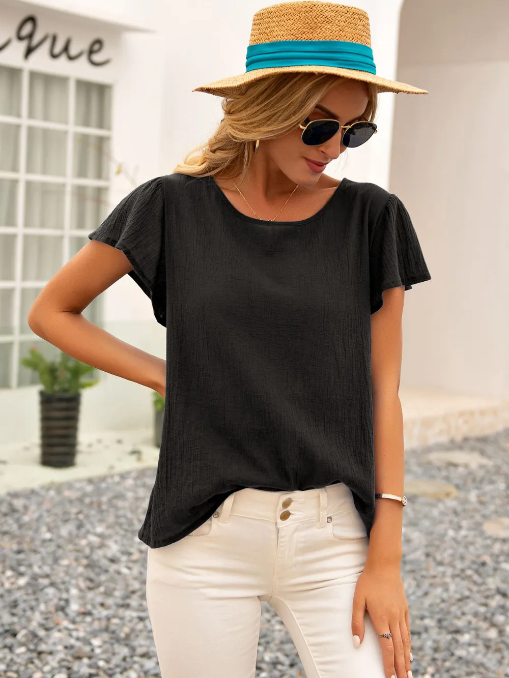 Round Neck Cutout Tie Back Top, image 5