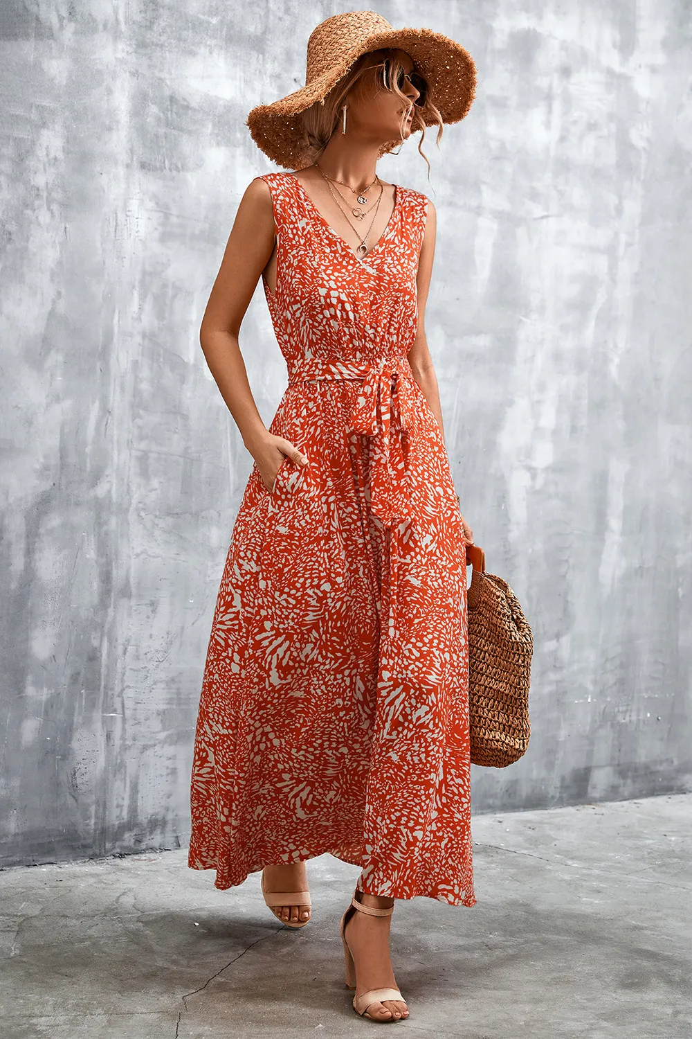 Printed V-Neck Tie Waist Maxi Dress, image 9