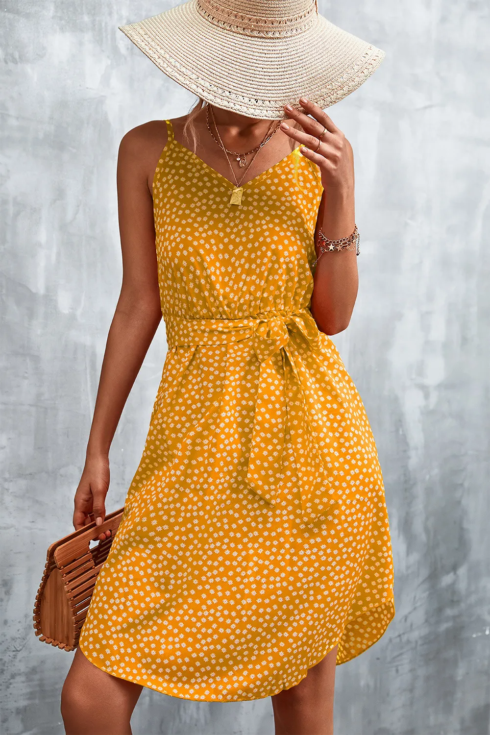 Printed V-Neck Tie Waist Mini Dress, image 9