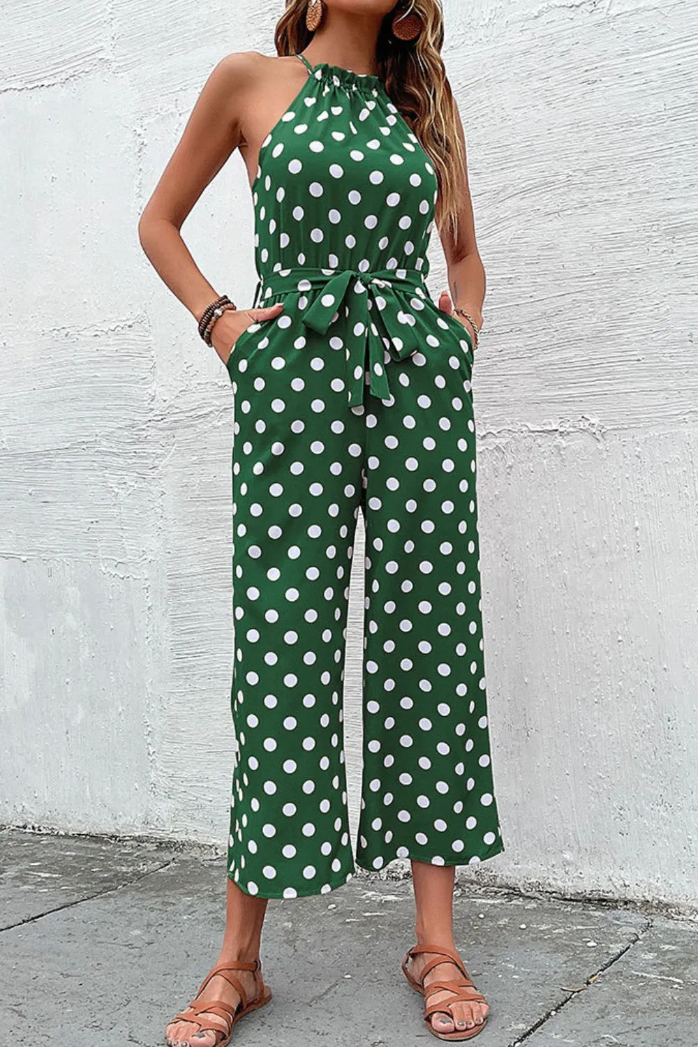 Polka Dot Grecian Wide Leg Jumpsuit, image 2