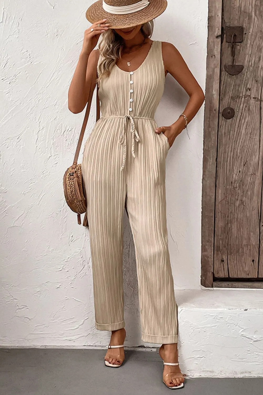 Textured Sleeveless Jumpsuit with Pockets, image 4