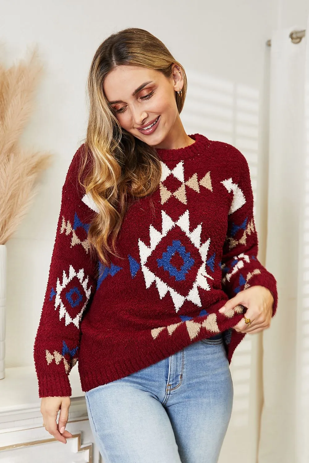 Full Size Aztec Soft Fuzzy Sweater, image 6