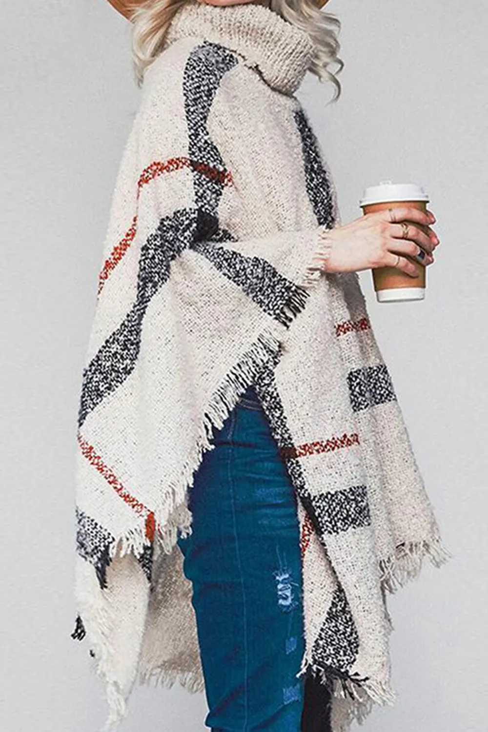 Plaid Turtleneck Raw Hem Poncho, image 2