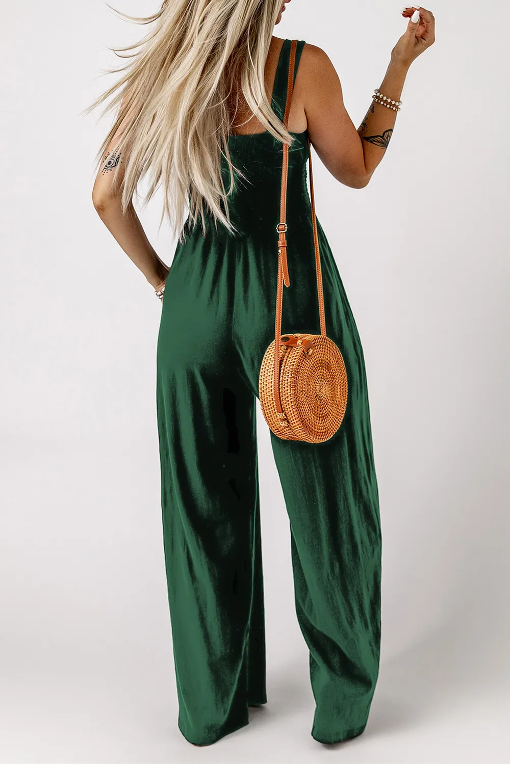 Smocked Square Neck Wide Leg Jumpsuit with Pockets, image 8