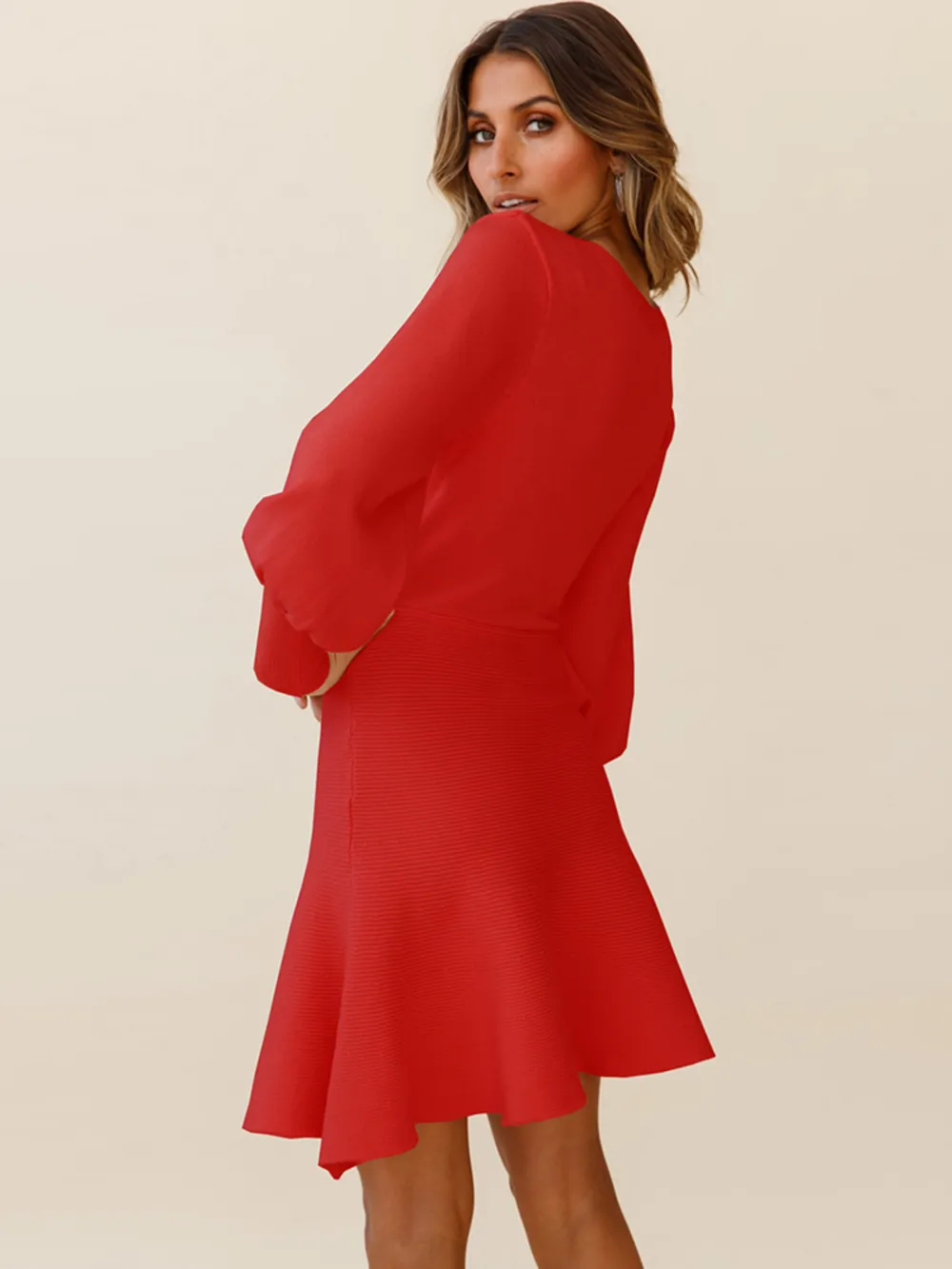 Round Neck Lantern Sleeve Sweater Dress, image 8