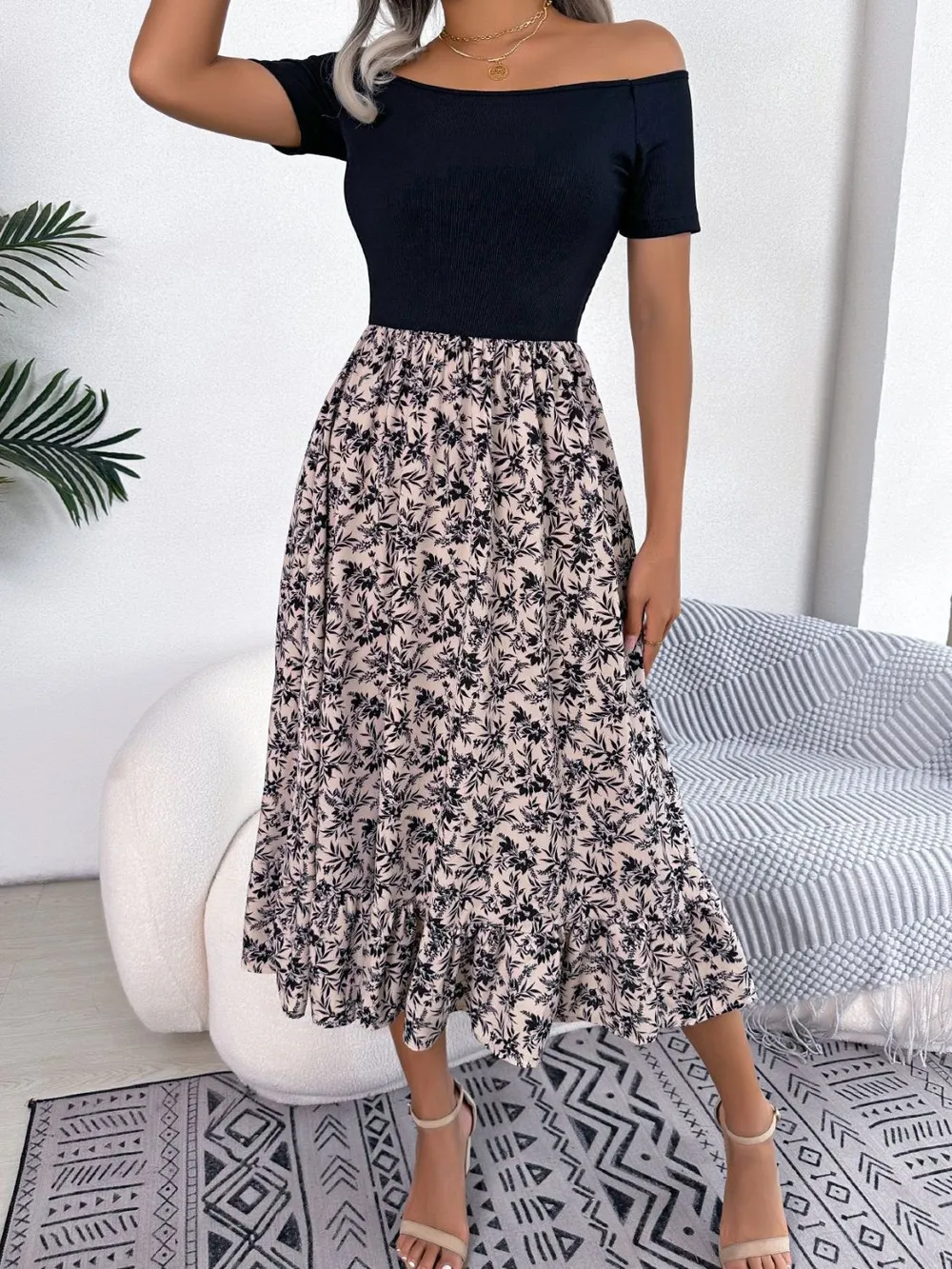 Printed Off-Shoulder Ruffle Hem Dress, image 7