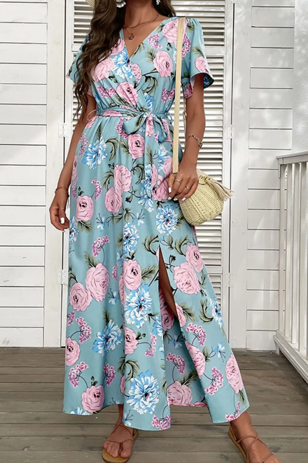 Floral Tie-Waist Slit Surplice Maxi Dress, image 3