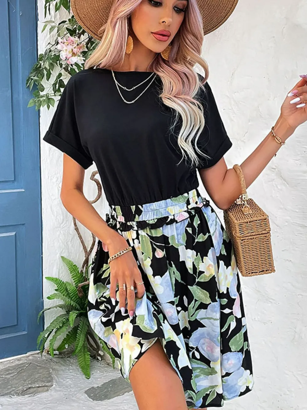 Two-Tone Round Neck Cuffed Sleeve Dress, image 4