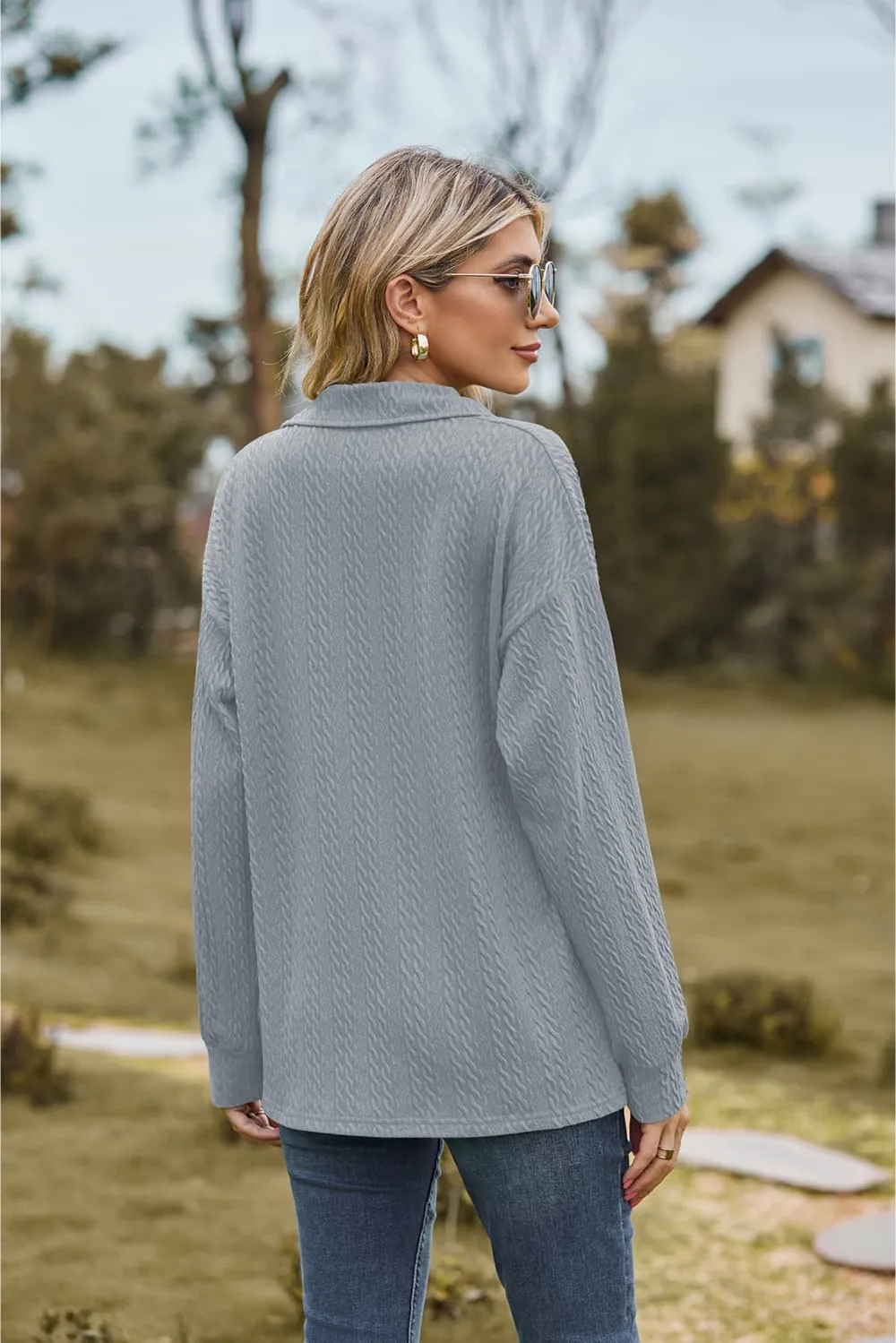 Collared Neck Cable-Knit Long Sleeve Blouse, image 19
