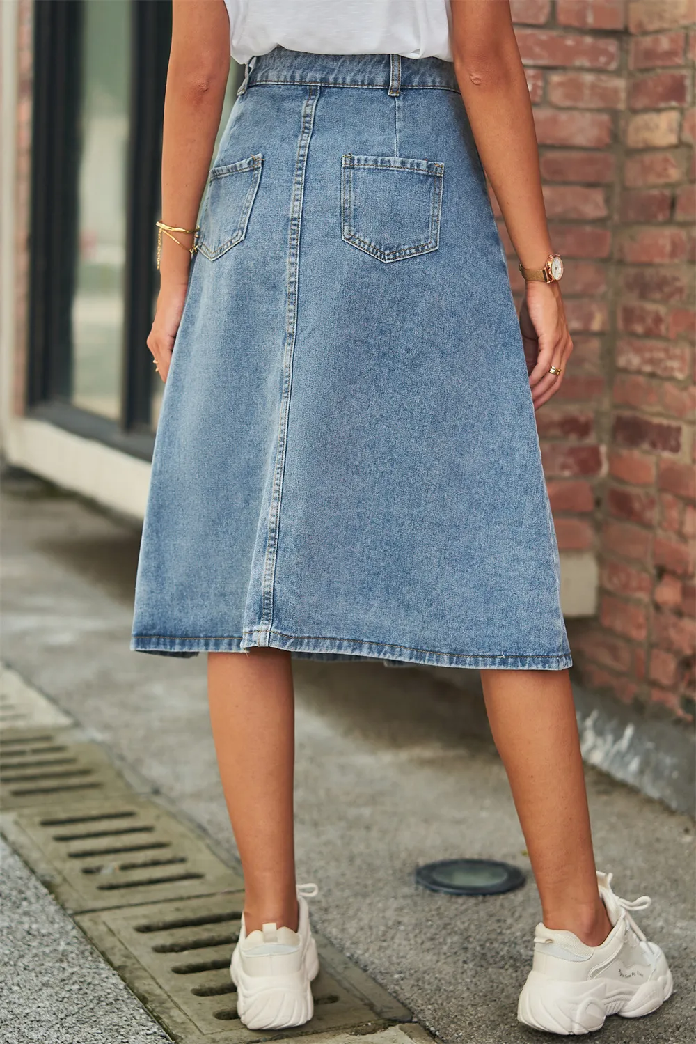 Button Front A-Line Denim Skirt, image 3