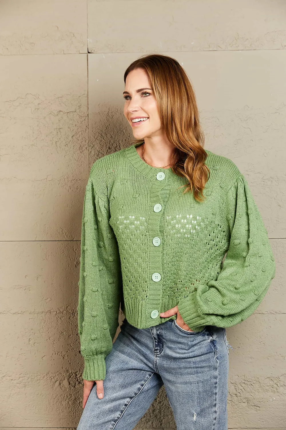 Openwork Pompom Puff Sleeve Cardigan, image 8