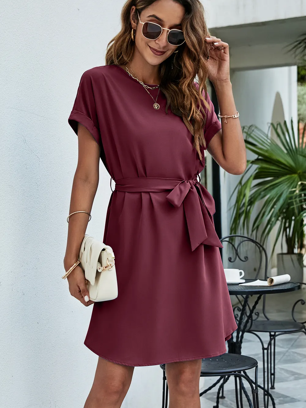 Belted Round Neck Curved Hem Dress, image 5