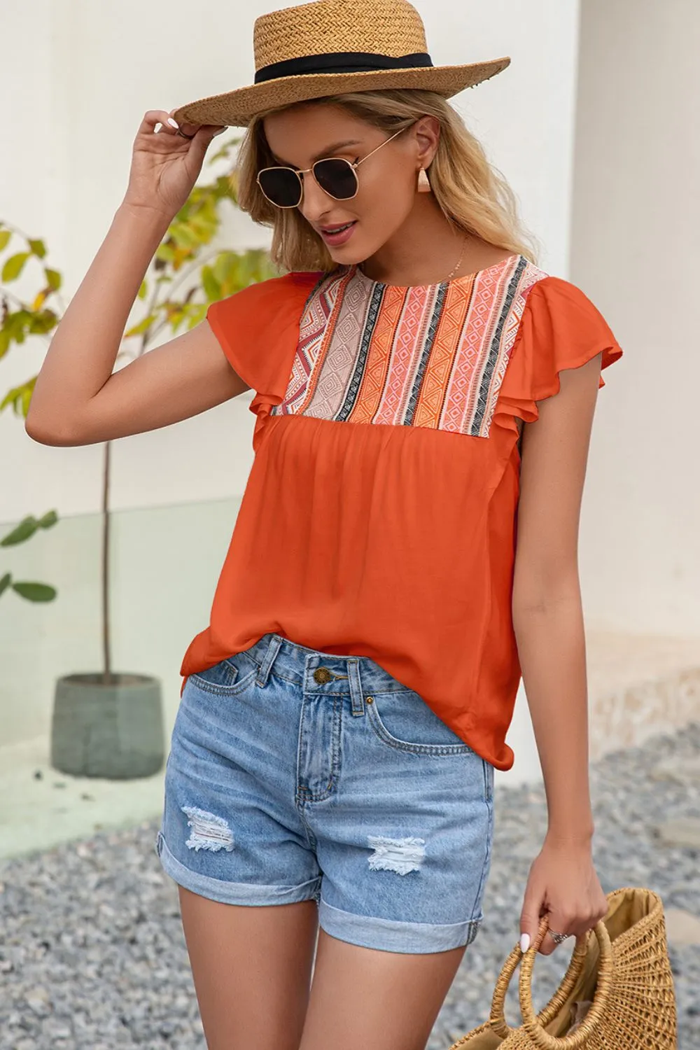 Contrast Print Butterfly Sleeve Top, image 7