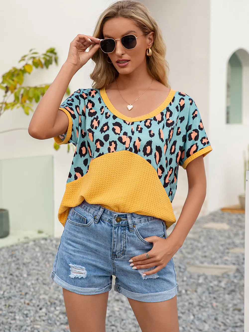 Leopard Waffle-Knit Short Sleeve Top, image 13