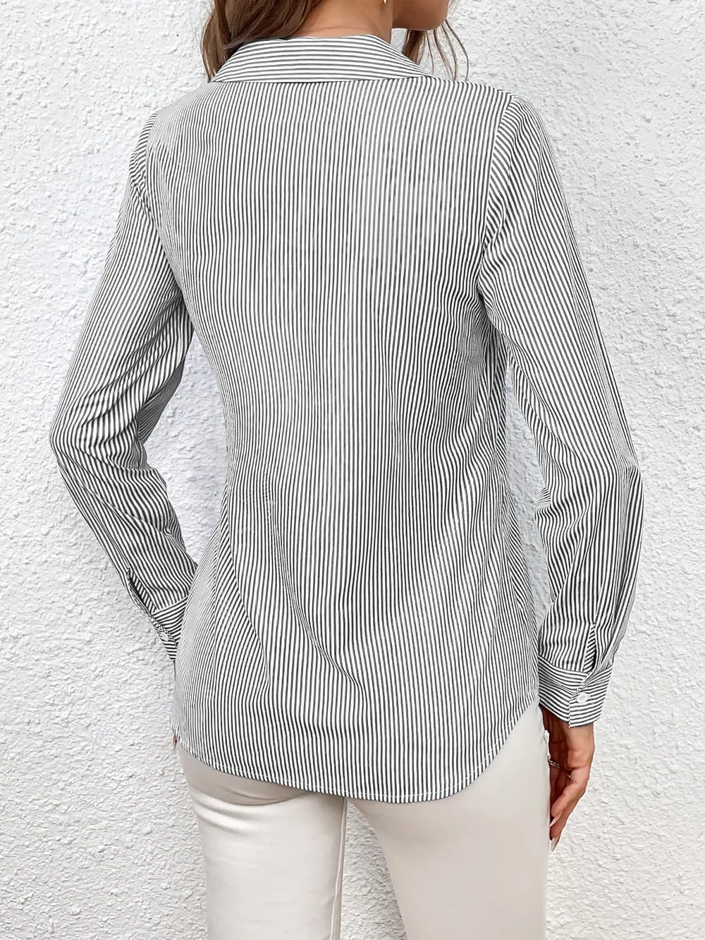 Bow Tie Waist Johnny Collar Neck Striped Blouse, image 15