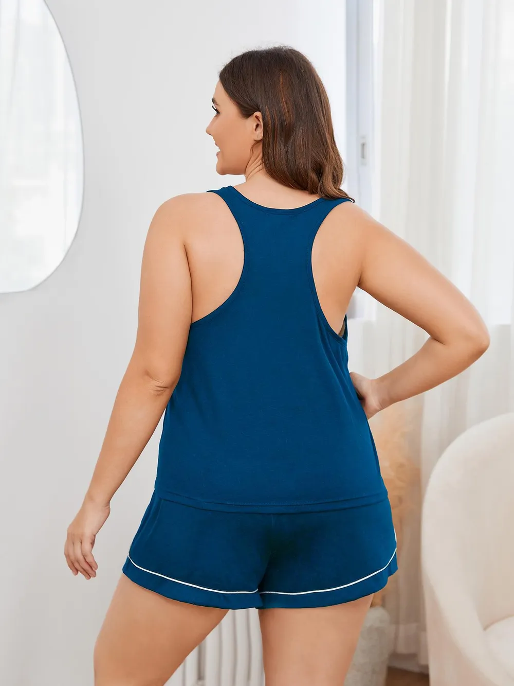 Plus Size Contrast Piping Racerback Tank and Shorts Lounge Set, image 6