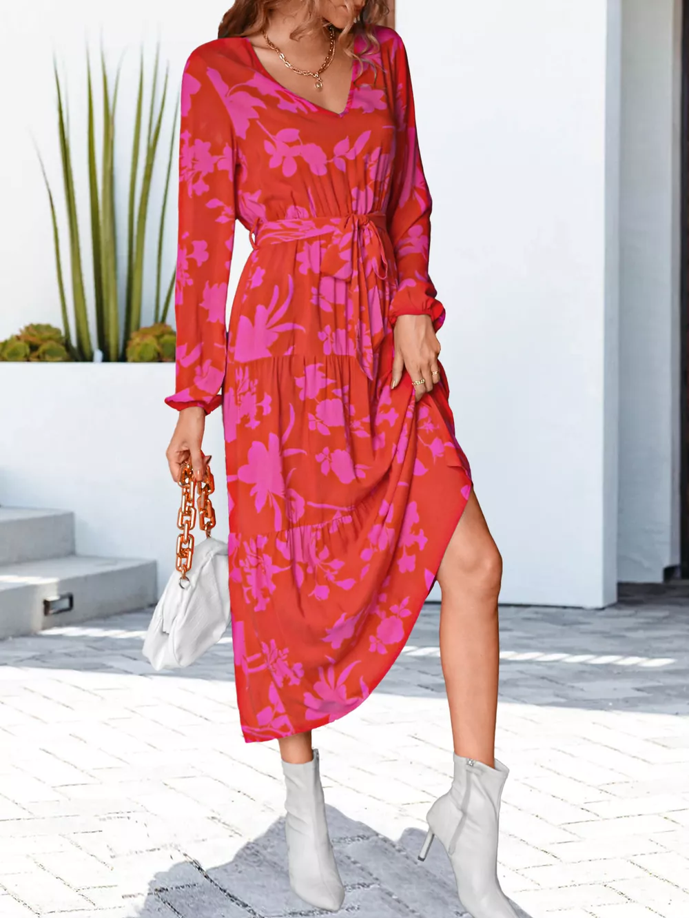 Floral V-Neck Long Sleeve Dress, image 4
