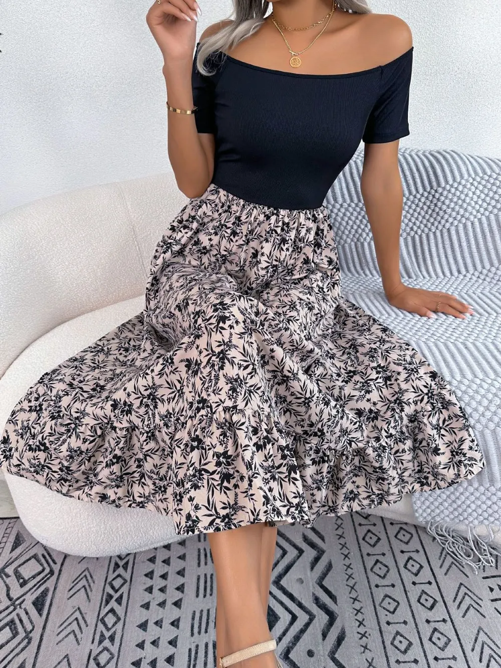 Printed Off-Shoulder Ruffle Hem Dress, image 8