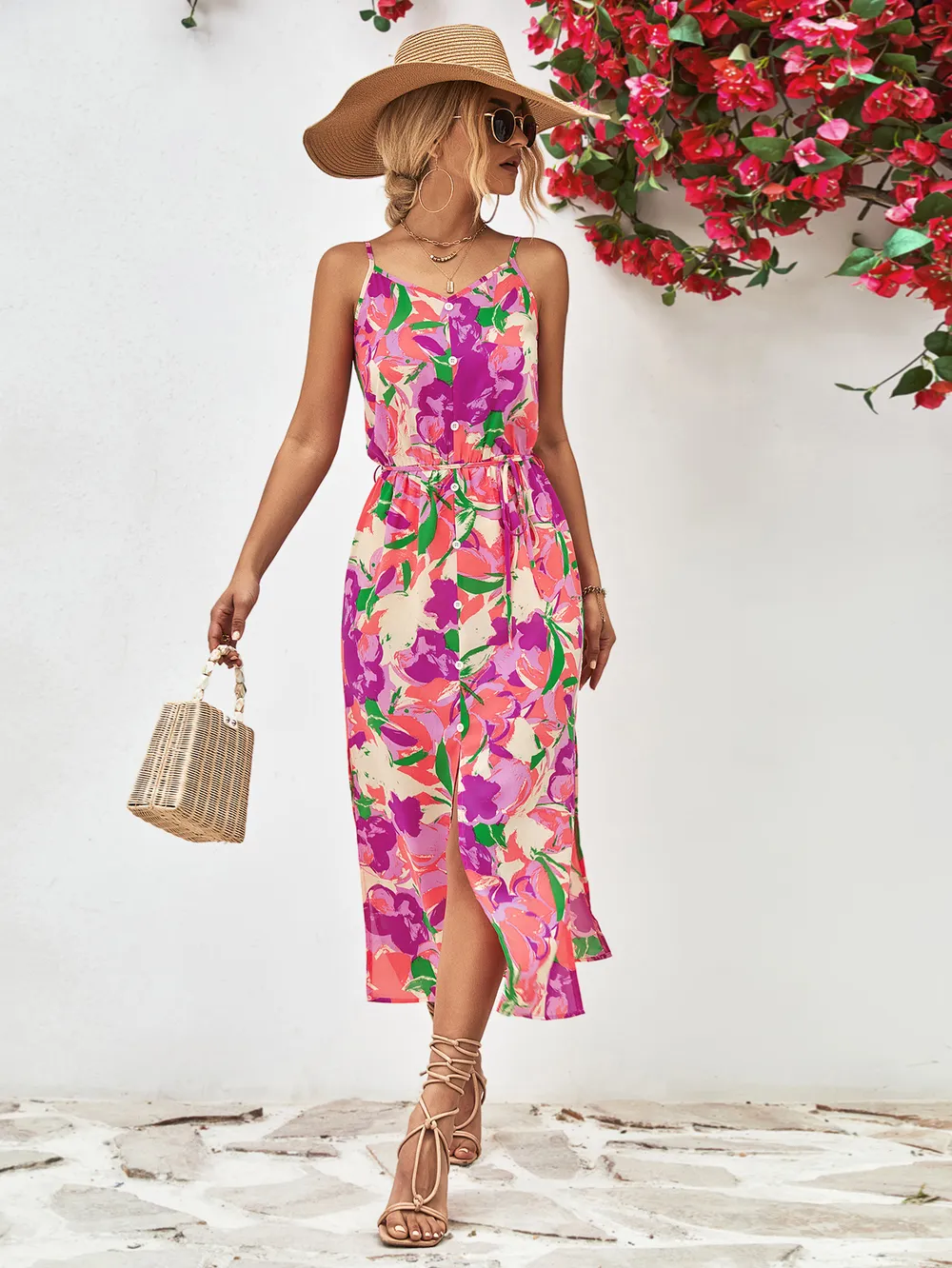 Printed Spaghetti Strap Front Slit Dress, image 9