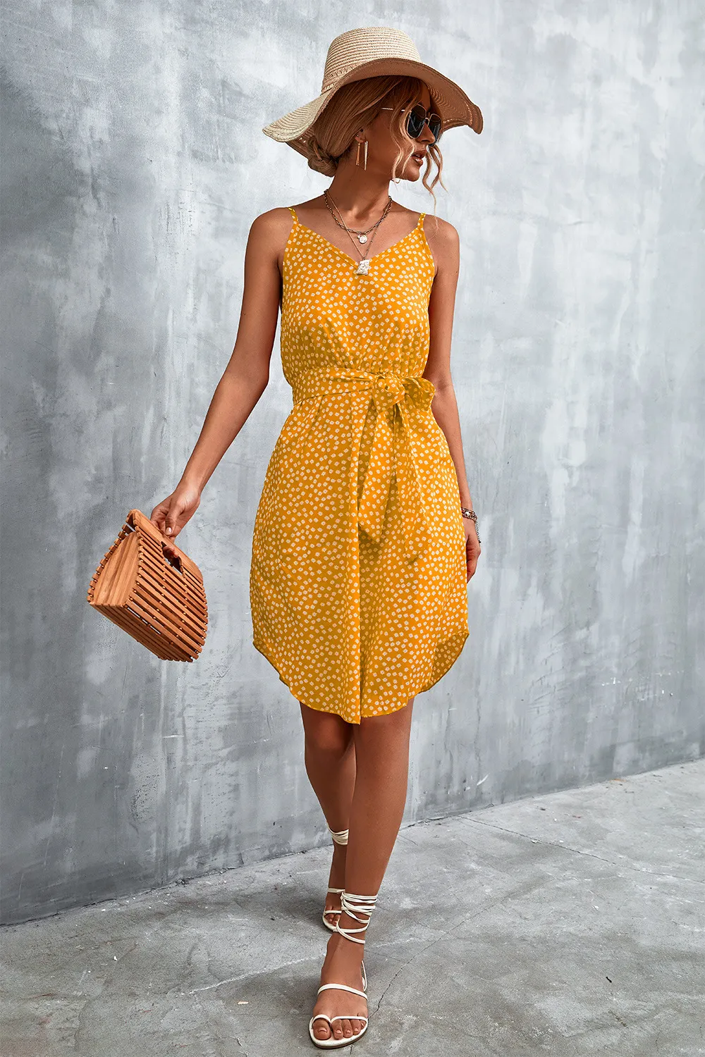 Printed V-Neck Tie Waist Mini Dress, image 10