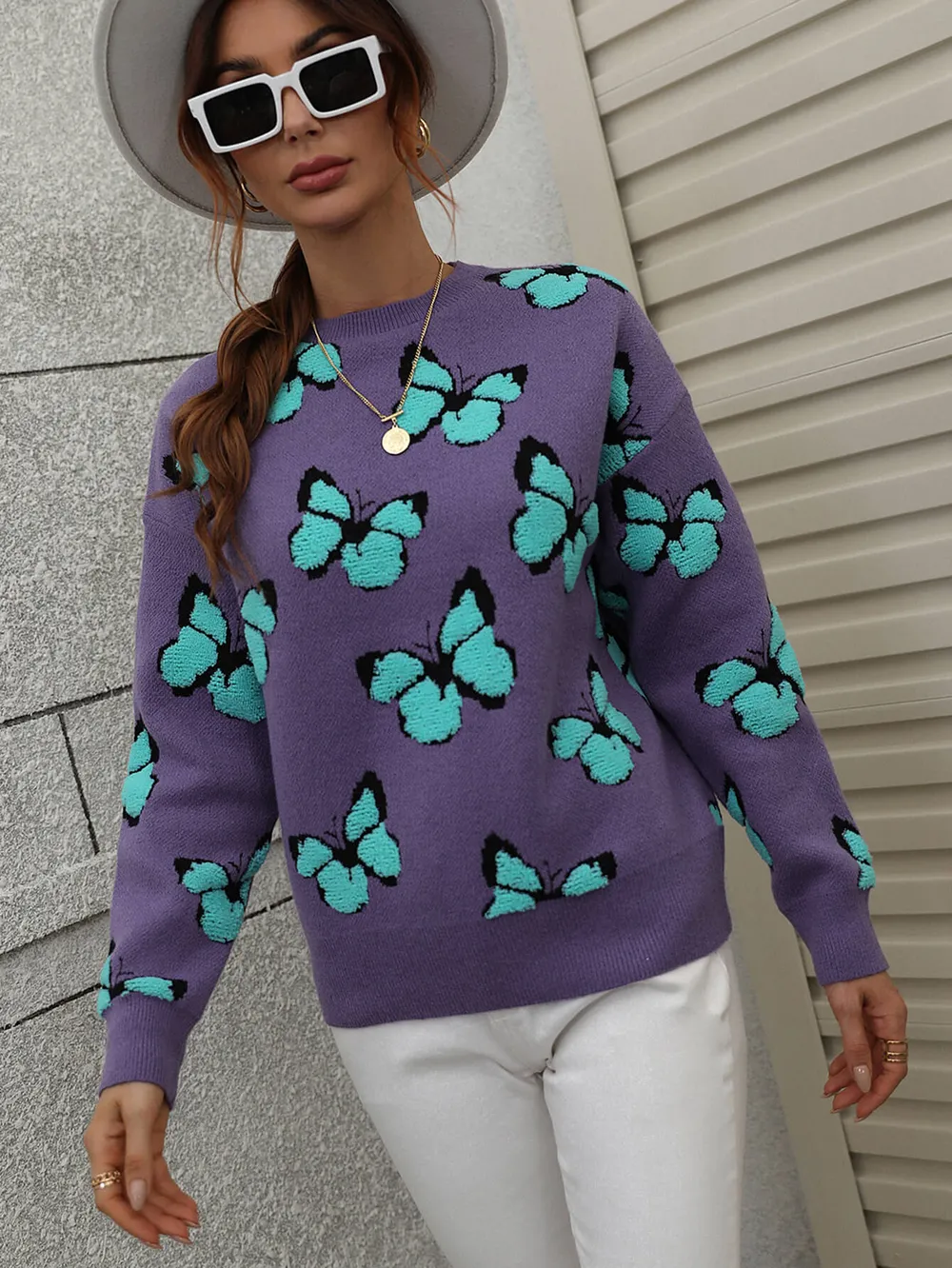 Butterfly Dropped Shoulder Crewneck Sweater, image 11