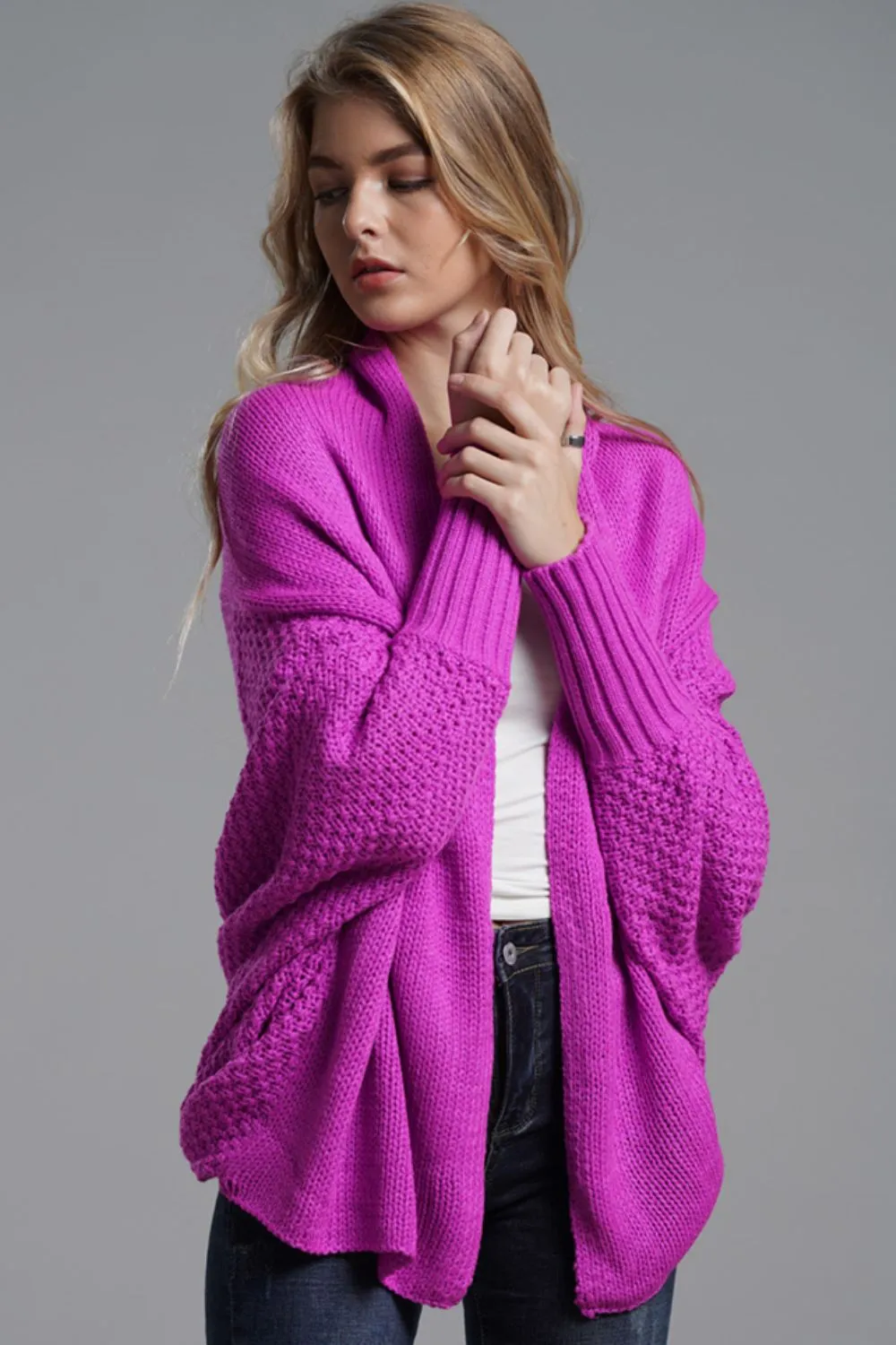 Dolman Sleeve Open Front Ribbed Trim Longline Cardigan, image 7