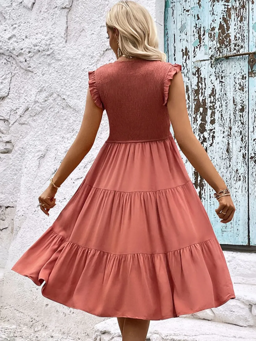 Smocked Round Neck Tiered Dress, image 2