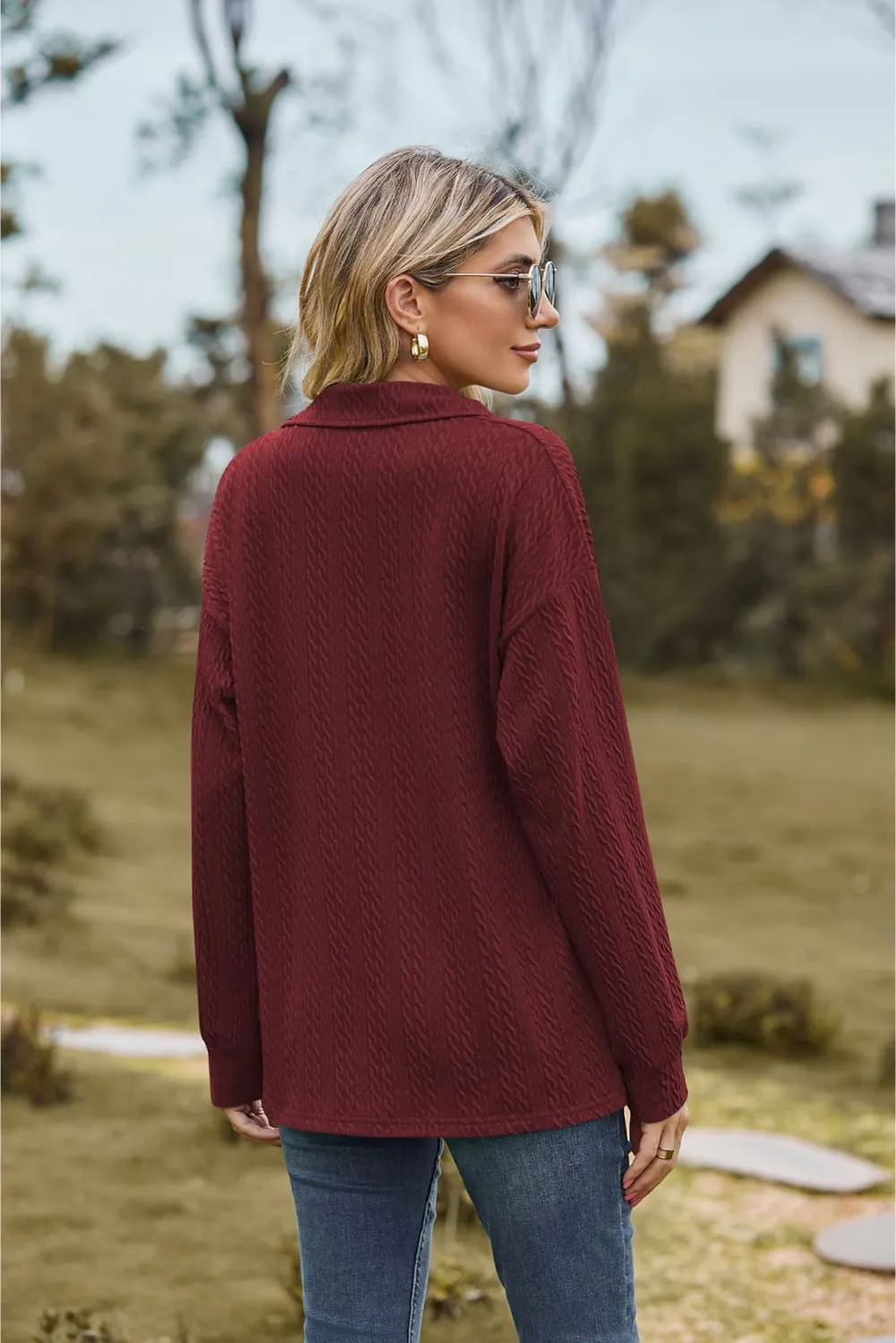 Collared Neck Cable-Knit Long Sleeve Blouse, image 16