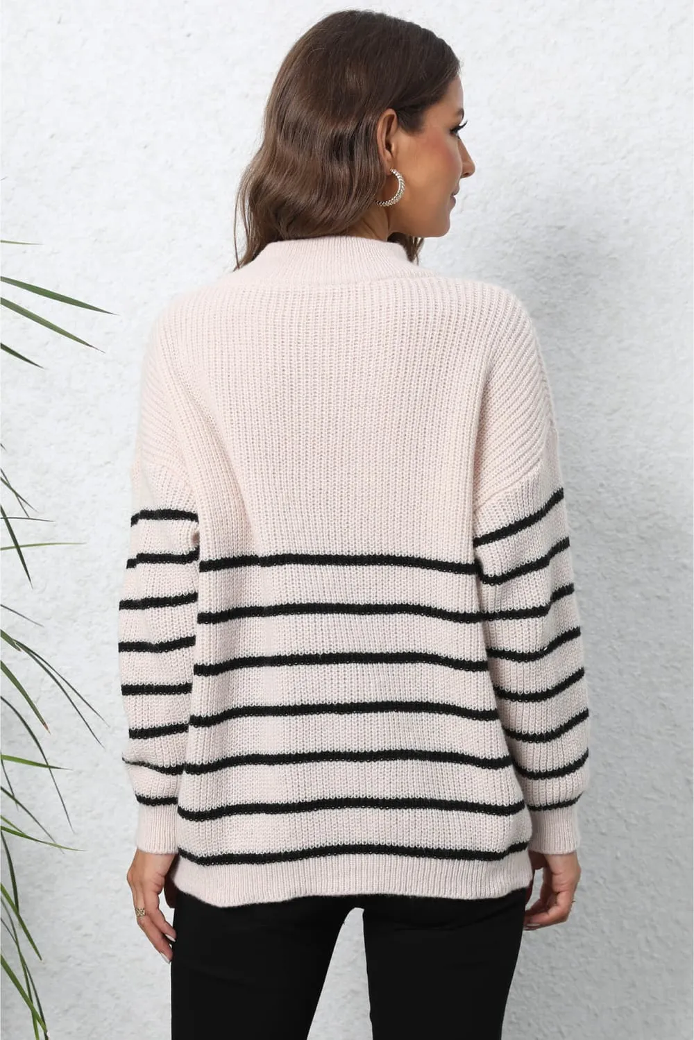 Striped Zip-Up Long Sleeve Ribbed Sweater, image 15