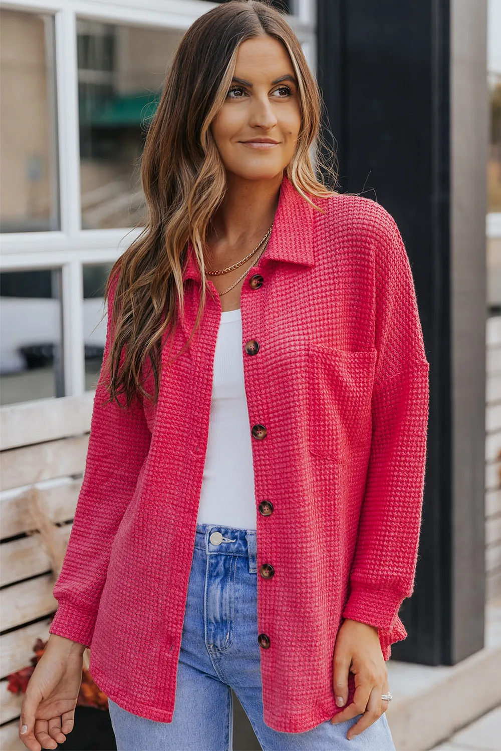Waffle-Knit Collared Neck Dropped Shoulder Shirt, image 4