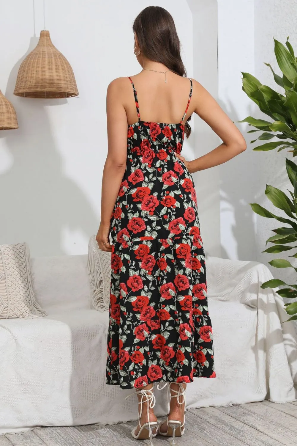 Rose Print Spaghetti Strap Sweetheart Neck Dress, image 2