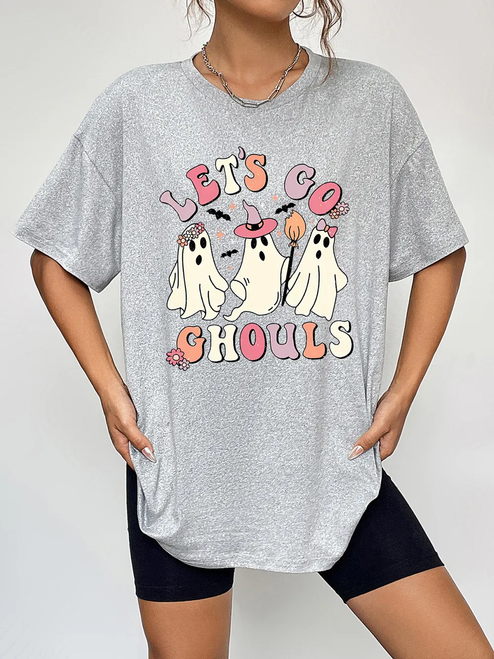 Round Neck Short Sleeve LET'S GO GHOULS Graphic T-Shirt, image 8