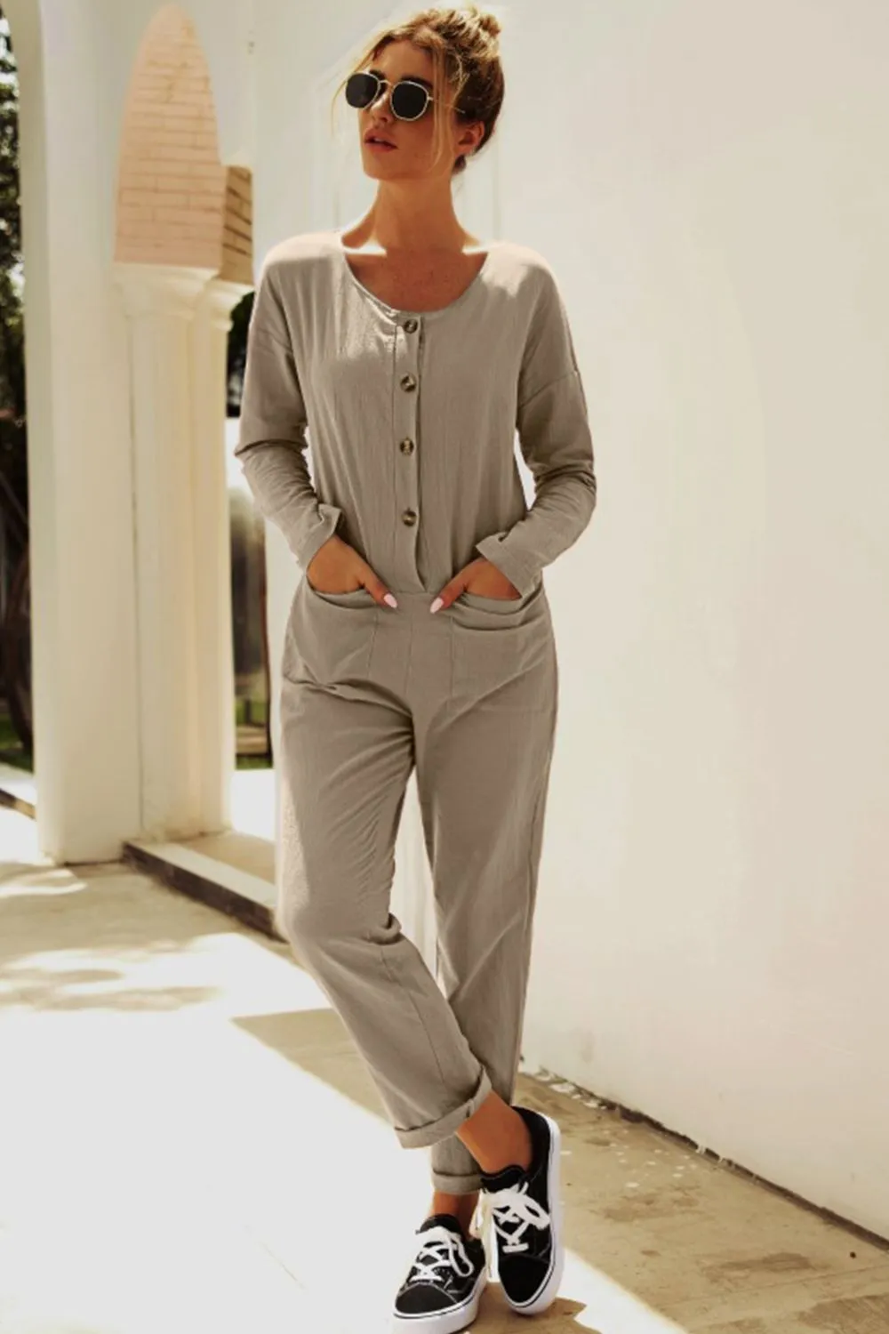 Buttoned Drop Shoulder Pocket Jumpsuit, image 8