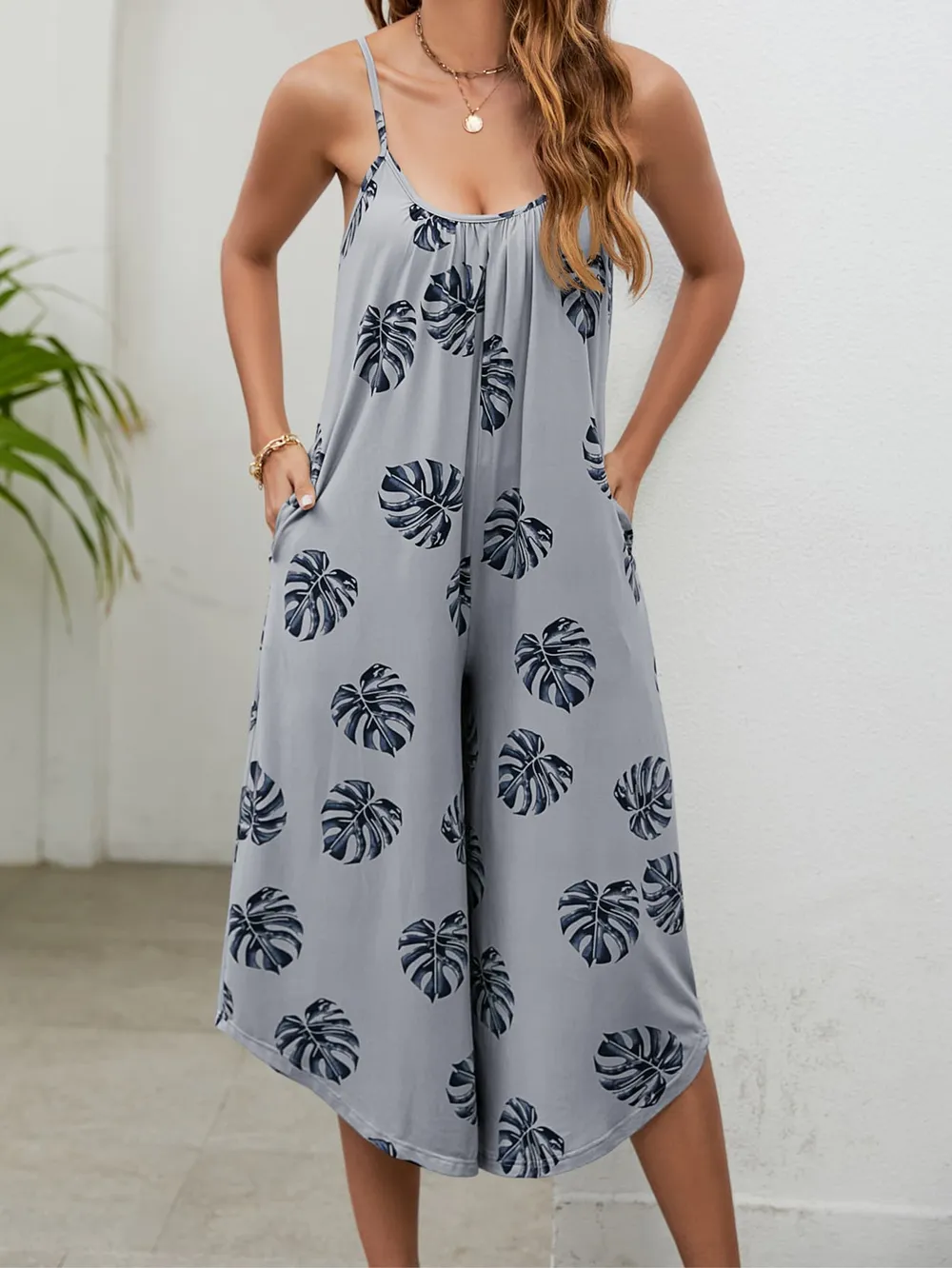 Botanical Print Spaghetti Strap Scoop Neck Jumpsuit, image 8