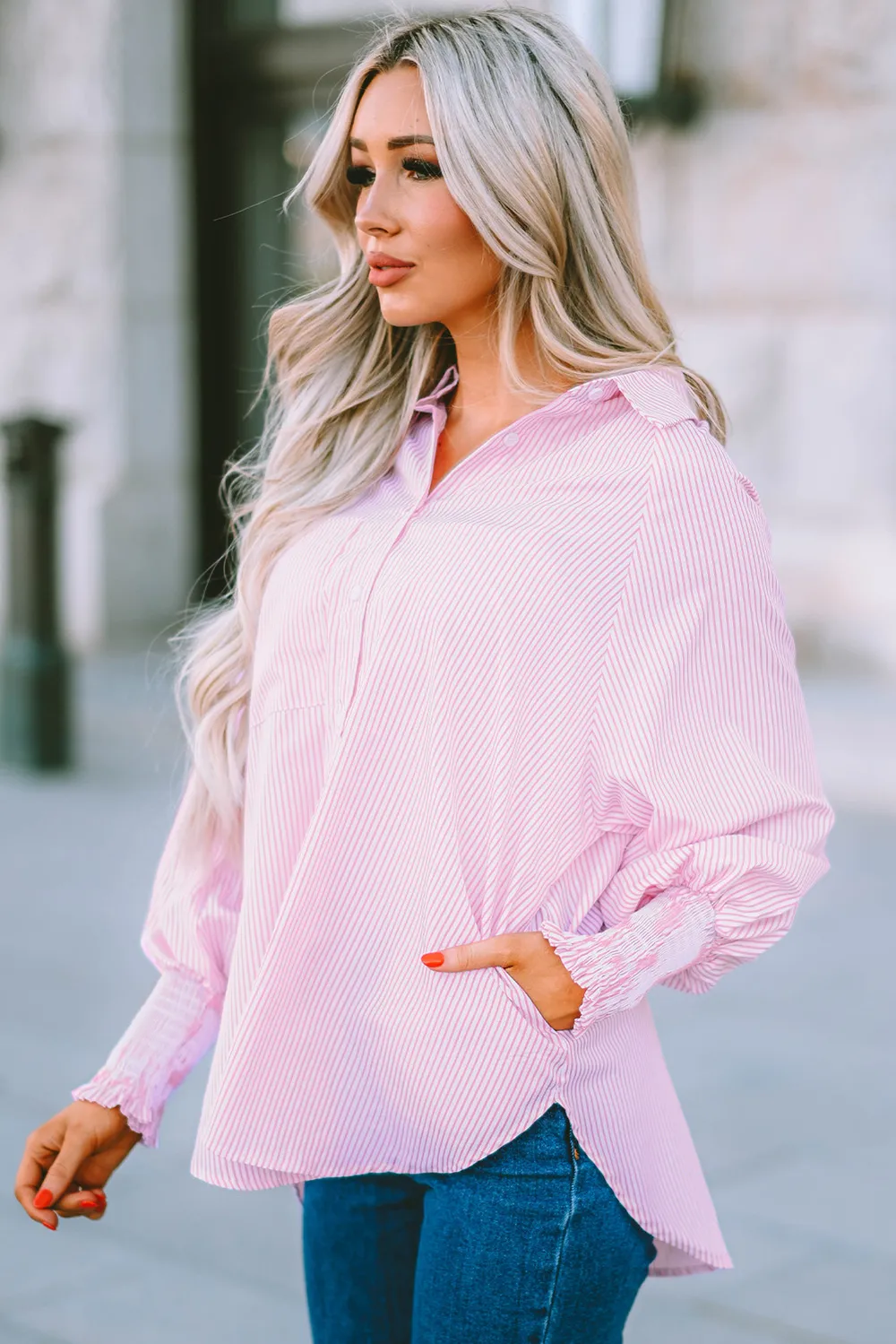 Striped Lantern Sleeve Collared Shirt, image 15
