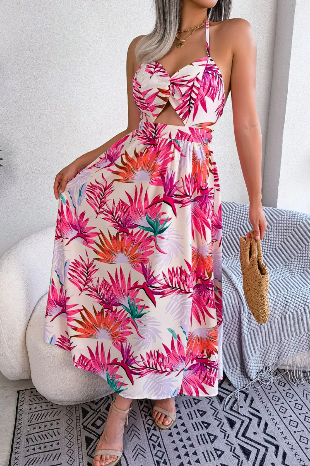 Botanical Print Tied Backless Cutout Slit Dress, image 11