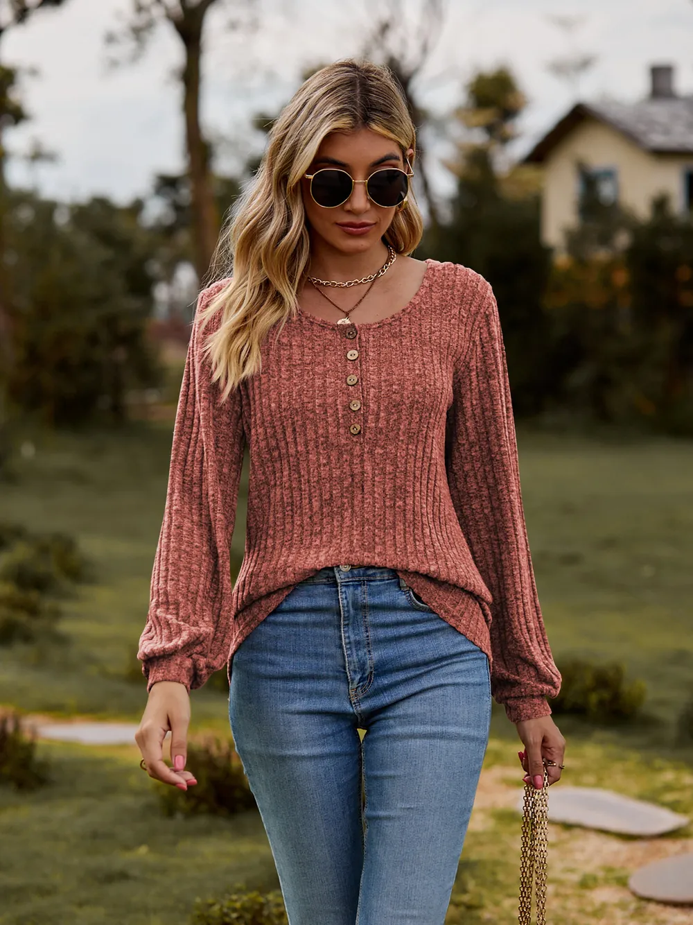 Round Neck Button-Down Long Sleeve Tee, image 2
