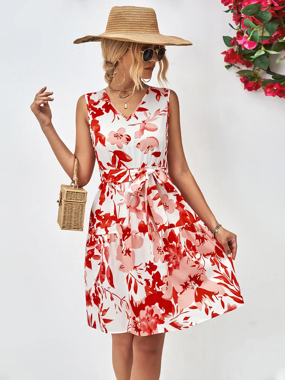 Floral V-Neck Tie Waist Sleeveless Dress, image 8