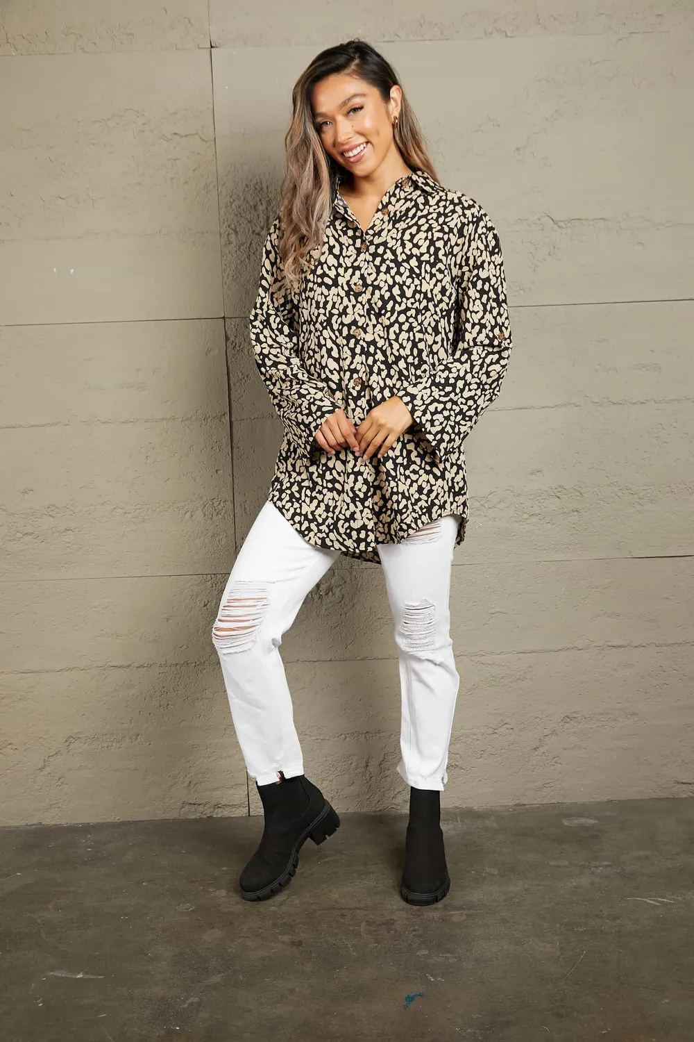 Leopard Roll-Tap Sleeve Shirt, image 4