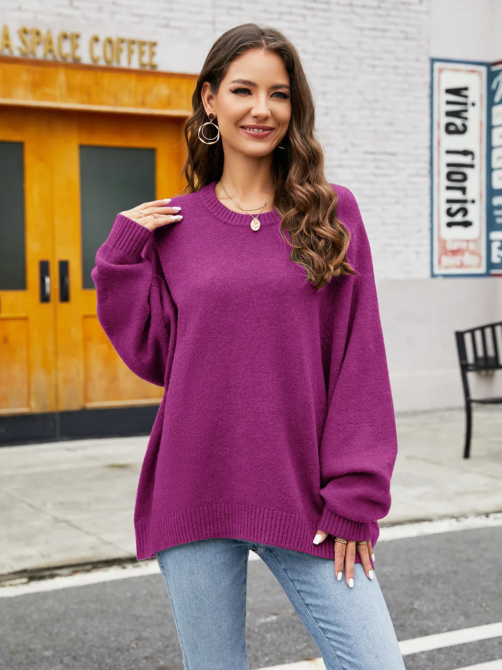 Round Neck Ribbed Trim Sweater, image 7