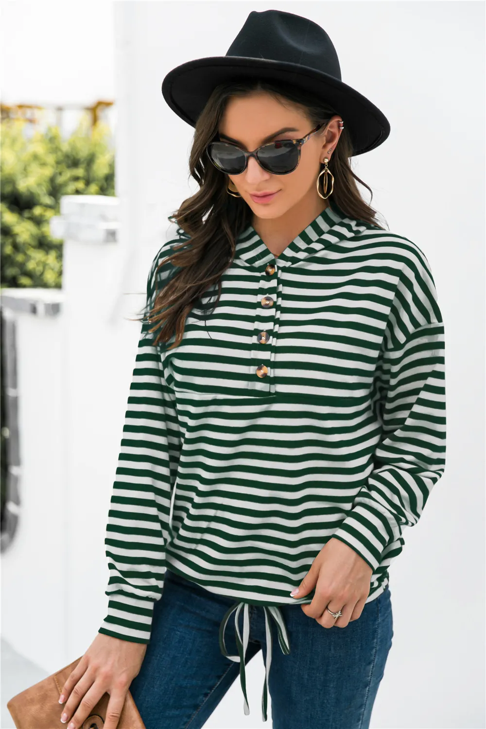Striped Half-Button Dropped Shoulder Hoodie, image 9