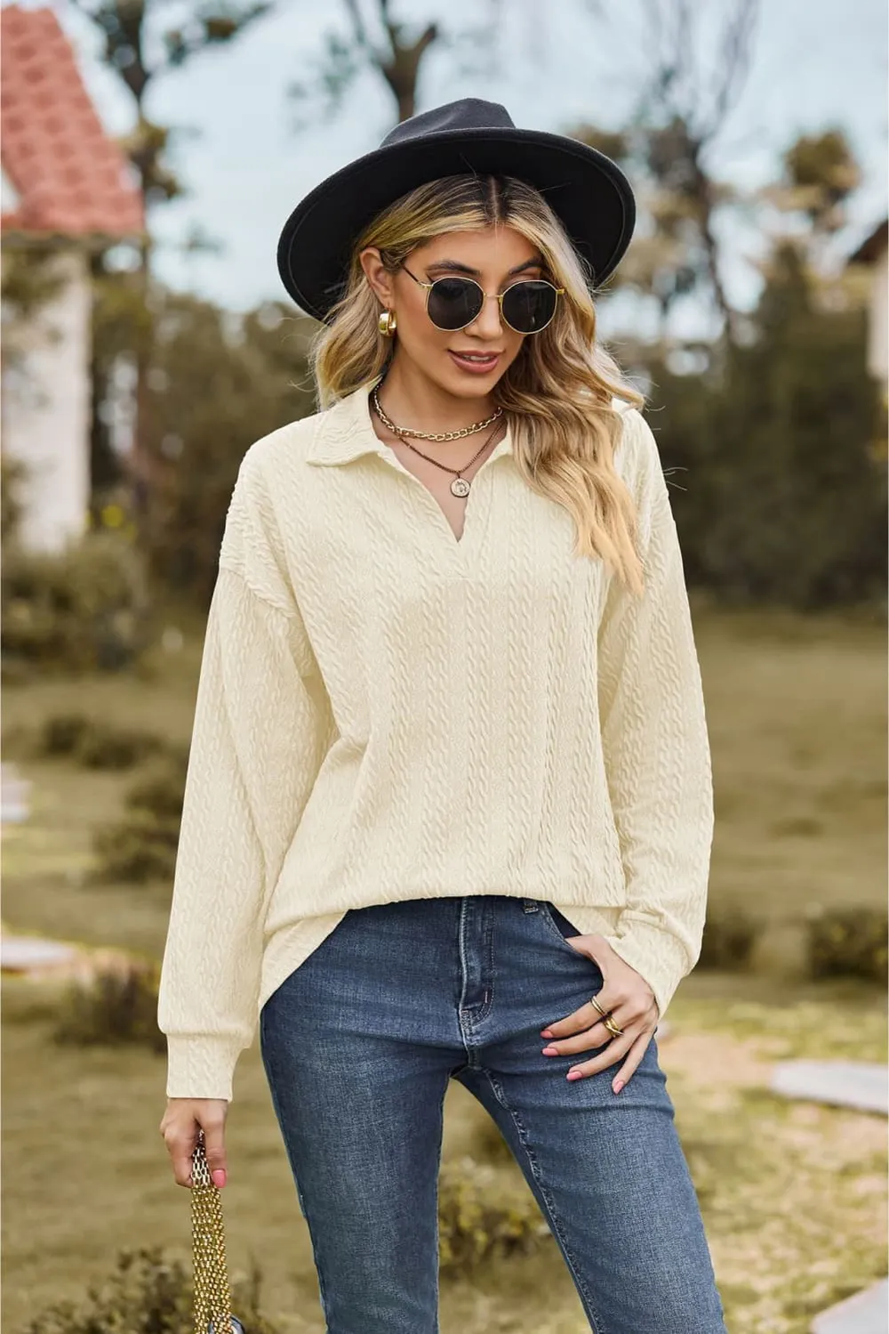 Collared Neck Cable-Knit Long Sleeve Blouse, image 5