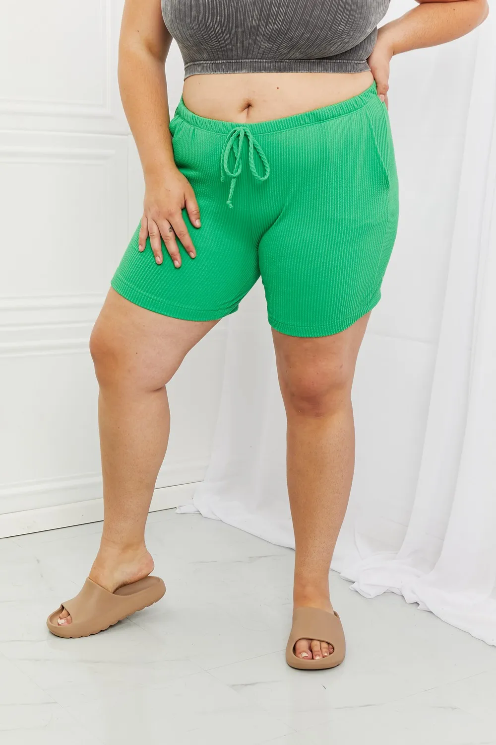 Too Good Full Size Ribbed Shorts in Green, image 4