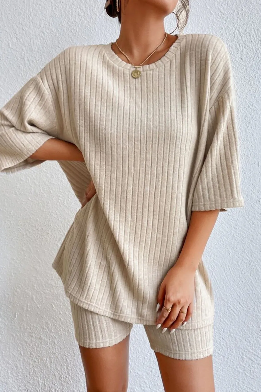 Round Neck Ribbed Top and Shorts Lounge Set, image 4