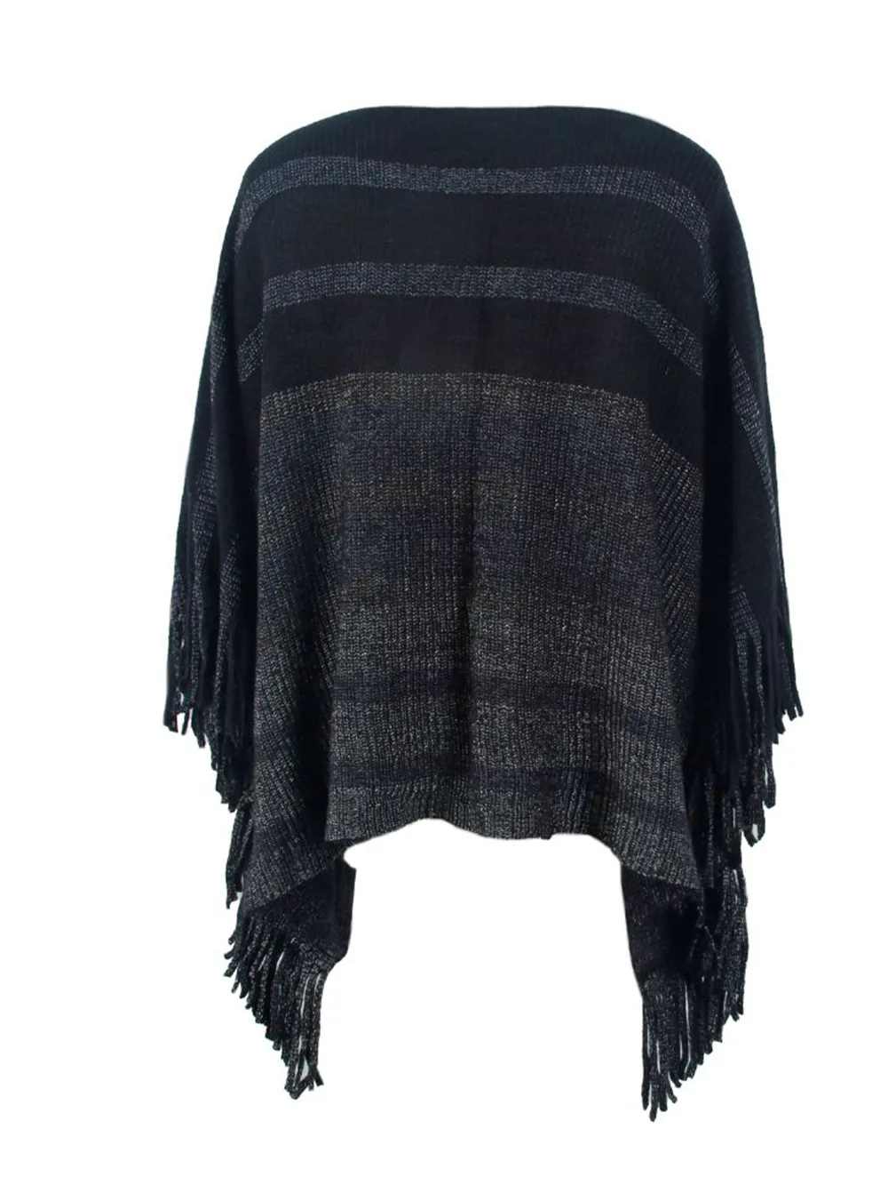 Striped Boat Neck Poncho with Fringes, image 5