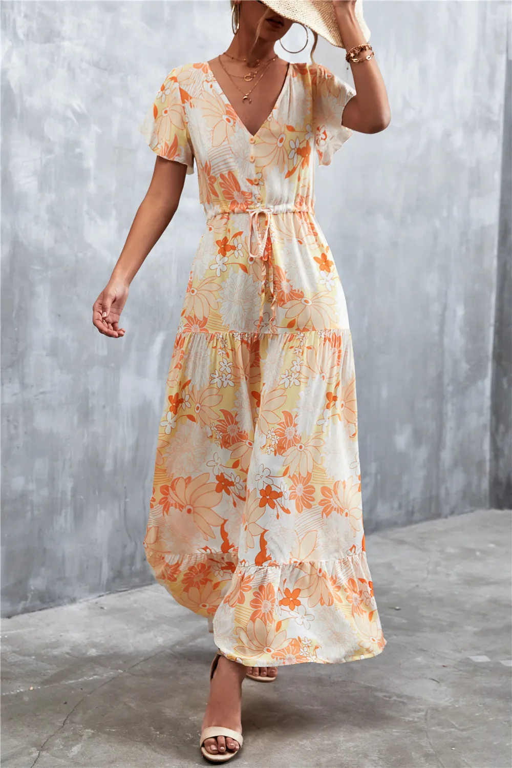 Floral Buttoned Drawstring Waist Tiered Dress, image 8