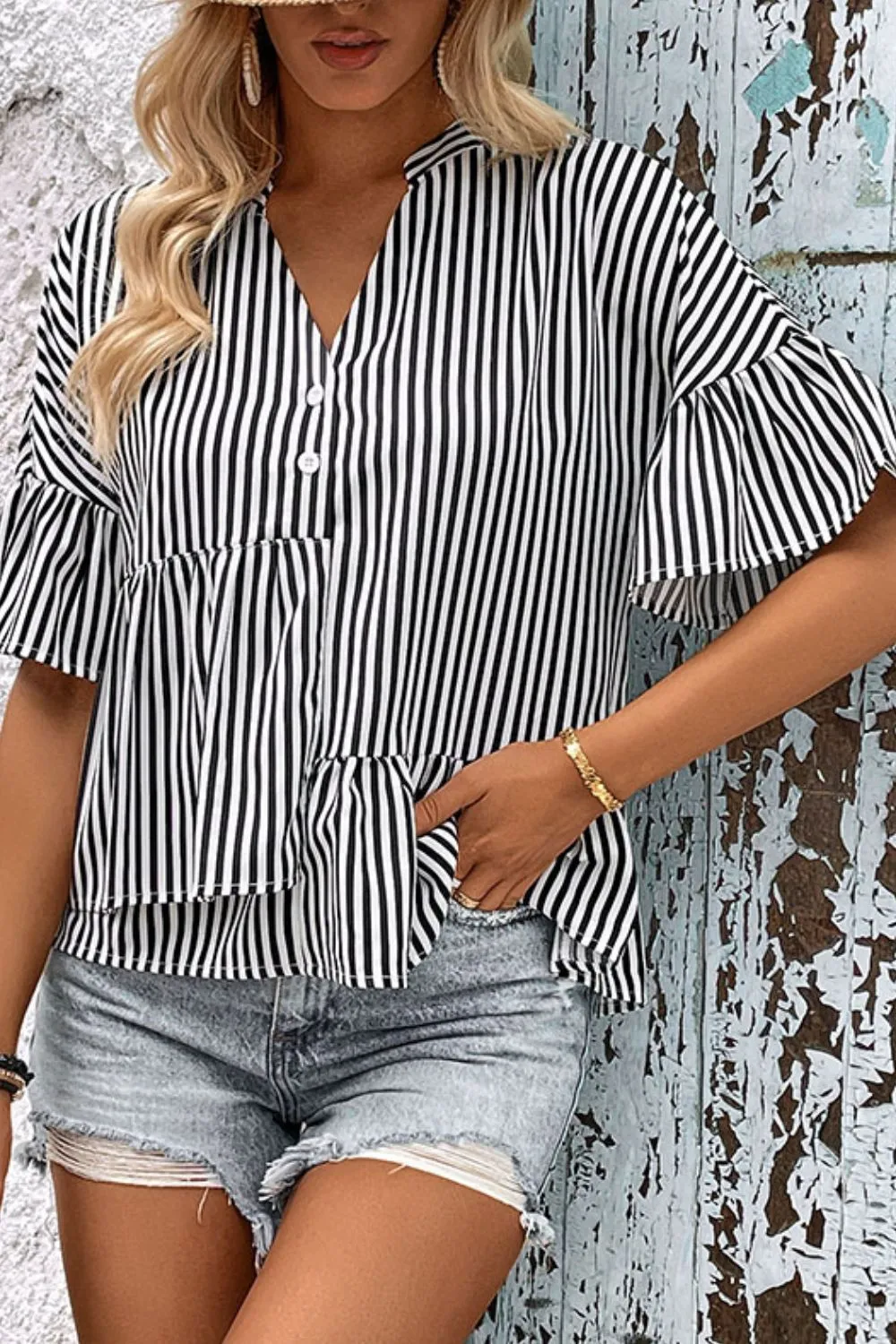 Striped Asymmetrical Flounce Sleeve Blouse, image 4